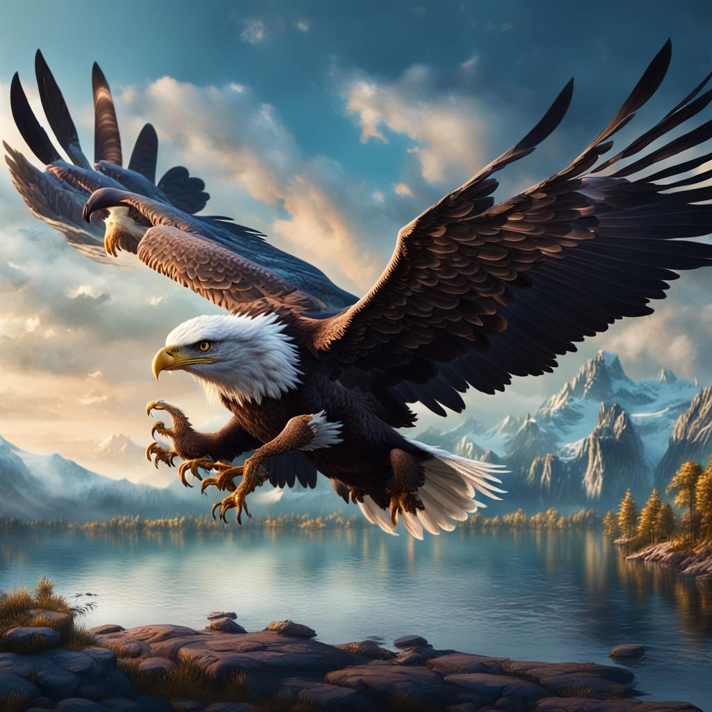 Baby Eagle Soaring Over Lake: Detailed Matte Painting