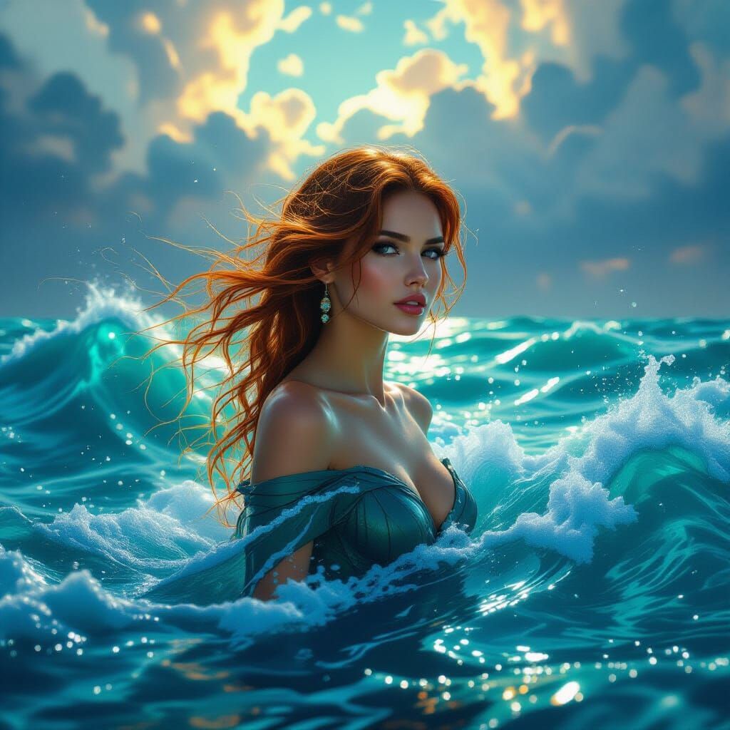 Ethereal Woman in Cyberpunk Digital Ocean