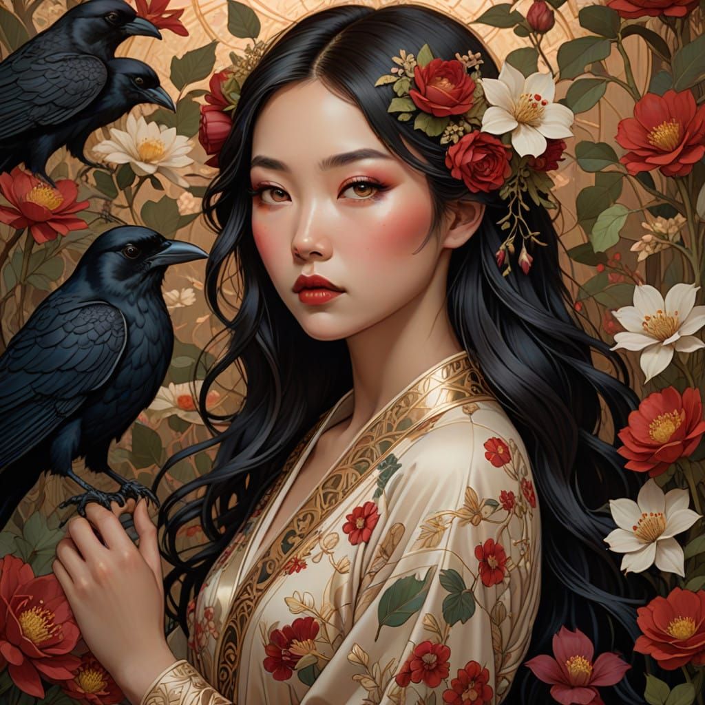 Sensual Japanese Beauty in Whimsical Floral Setting