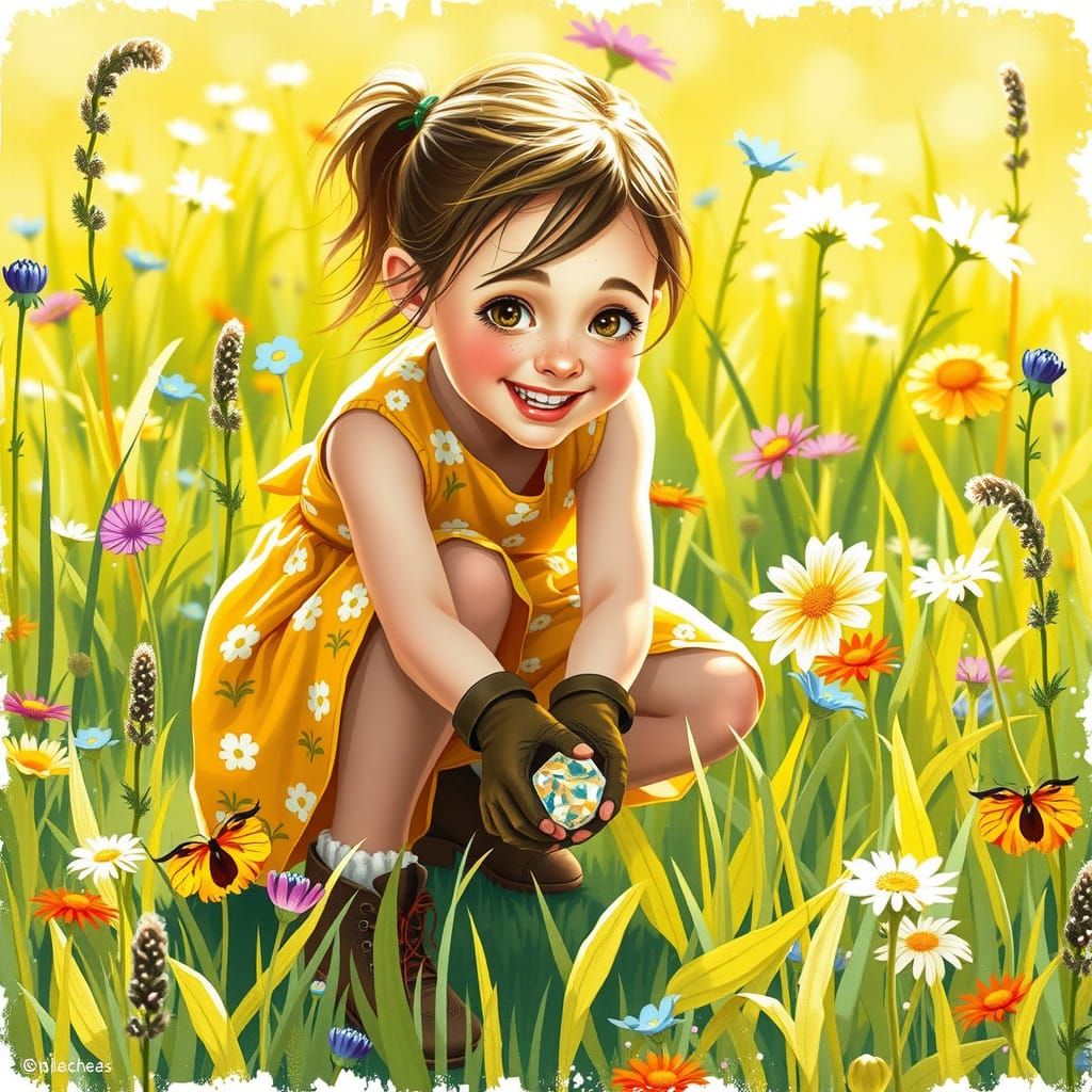Girl Finds Geode in Sunny Meadow, Folk-Art Illustration