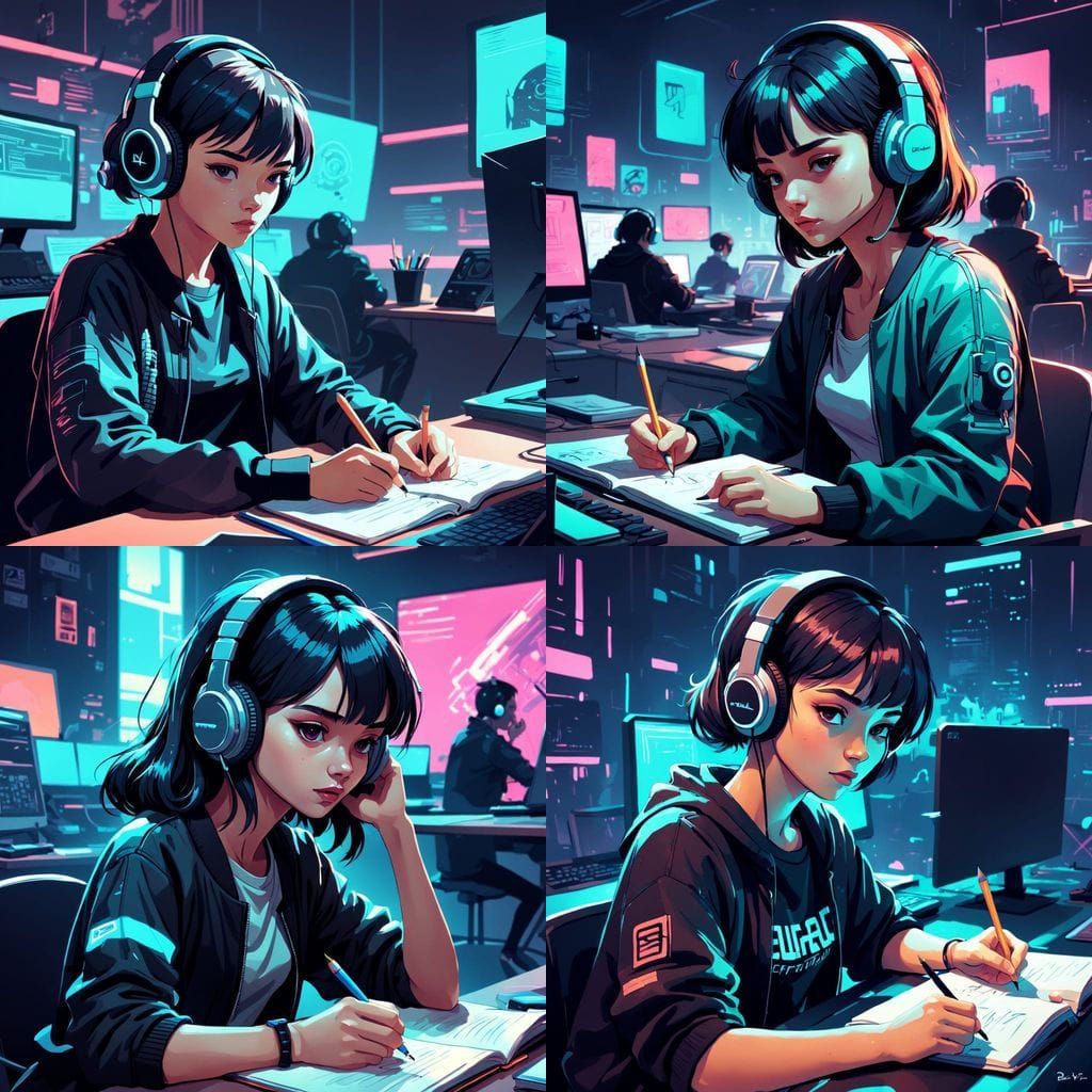 Cyberpunk Lady in a Retrofuturistic Study