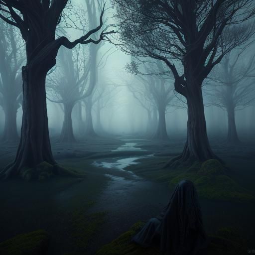 Mysterious Figure in Mystical Forest Concept Art
