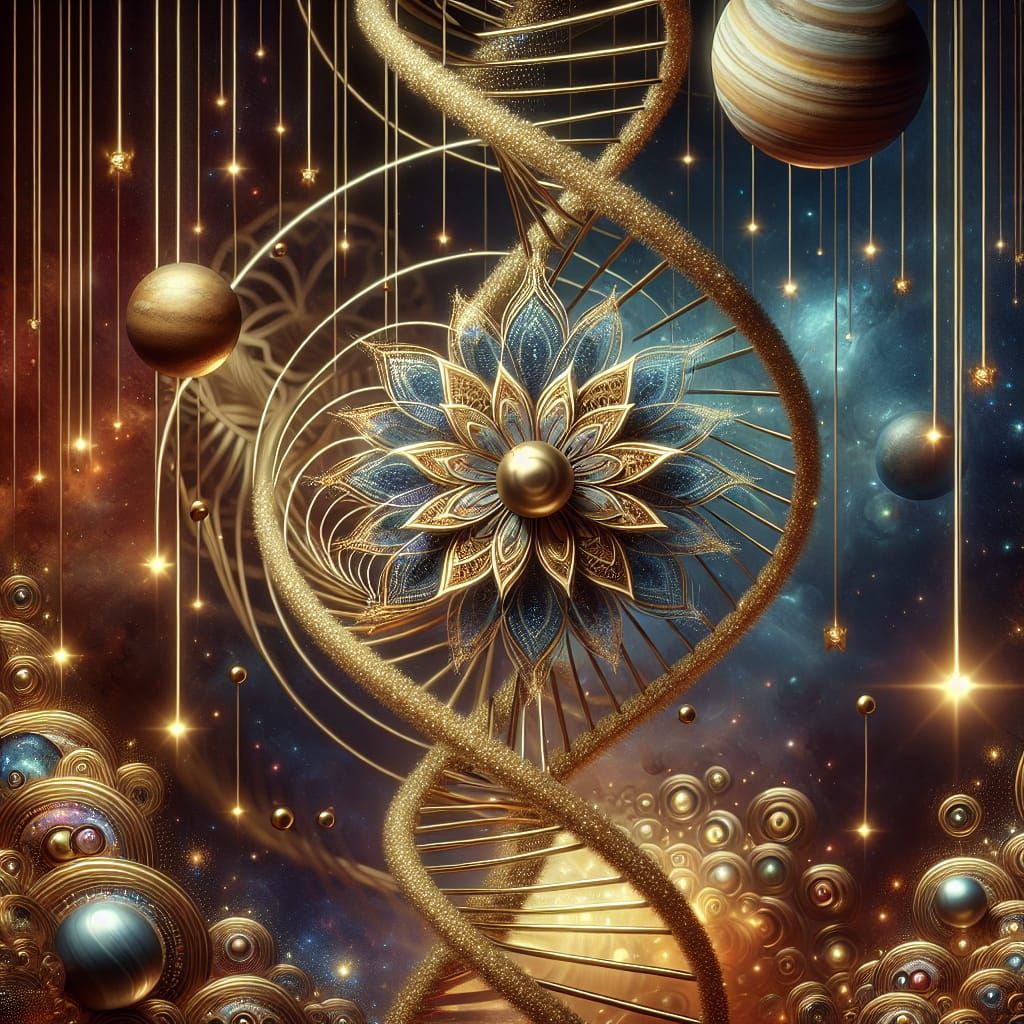 Celestial DNA with Gold Mandala and Planets