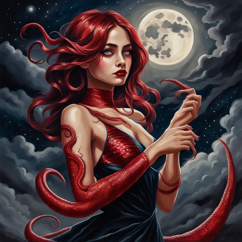 Red-Haired Woman with Snakes in Dark Fantasy Realism