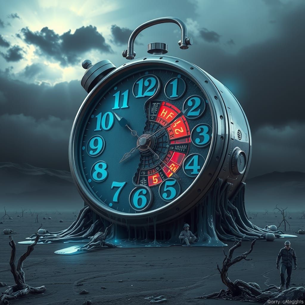 Surreal Melting Clock in a Desolate Landscape