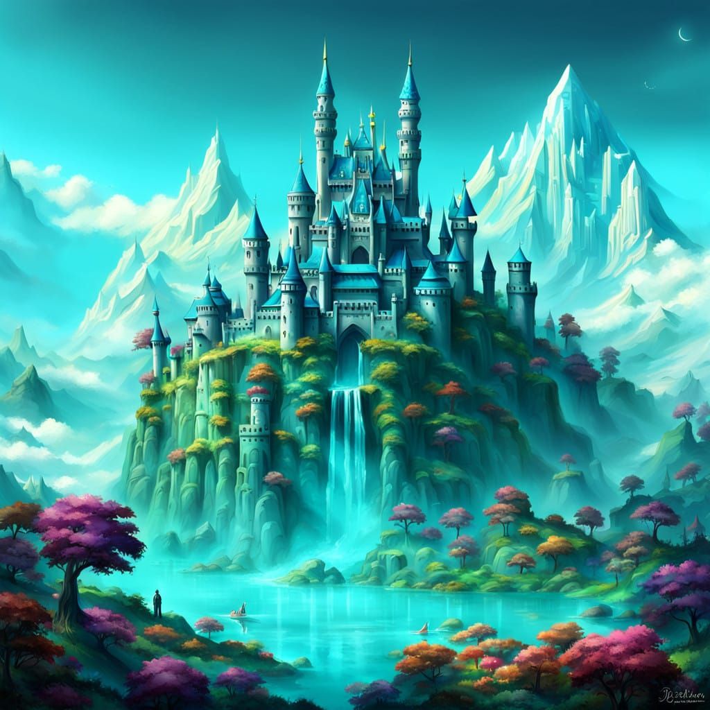 Shimmering Paradise Castle in Vibrant Cyan and Turquoise
