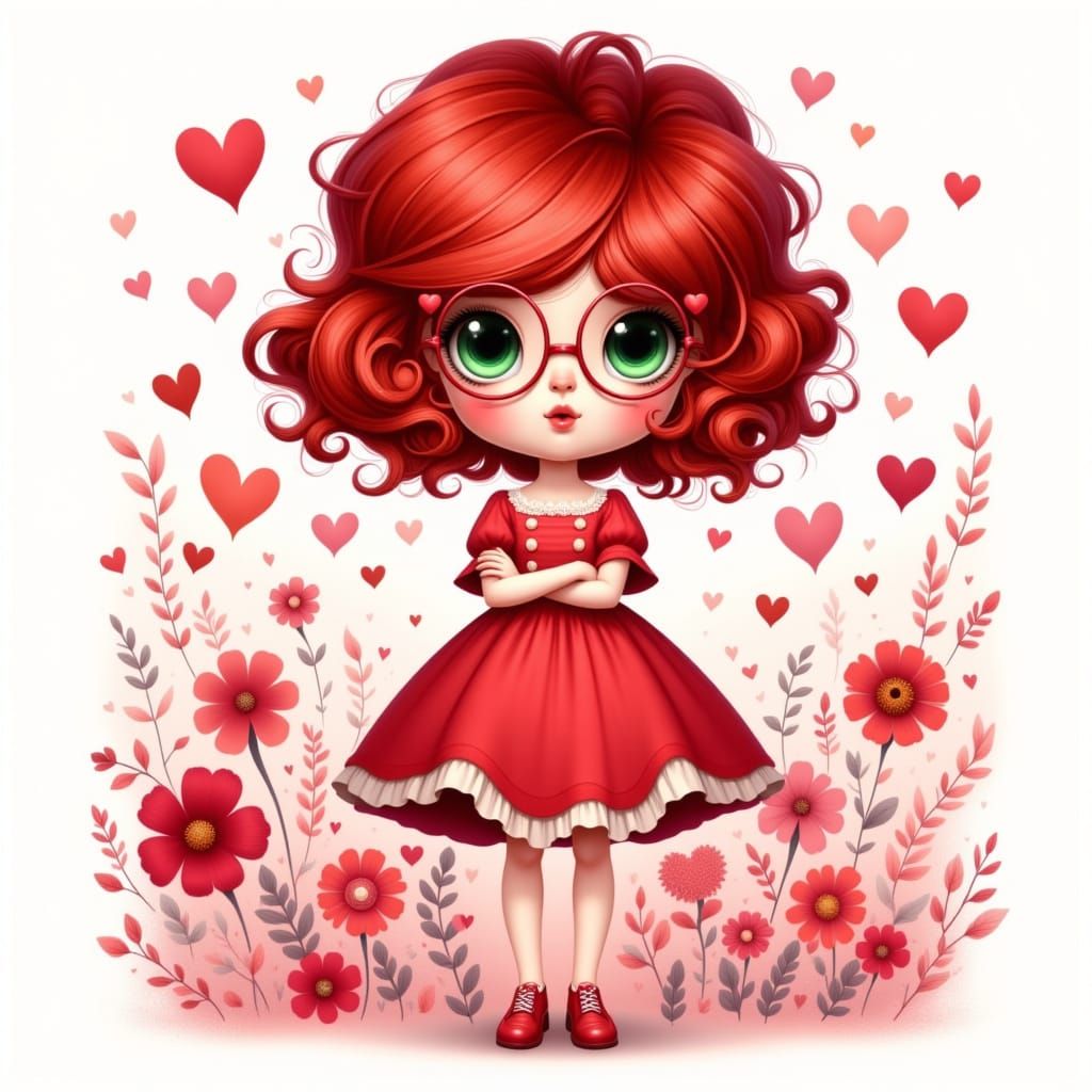 Chibi Cartoon Character with Heart Theme and Green Eyes