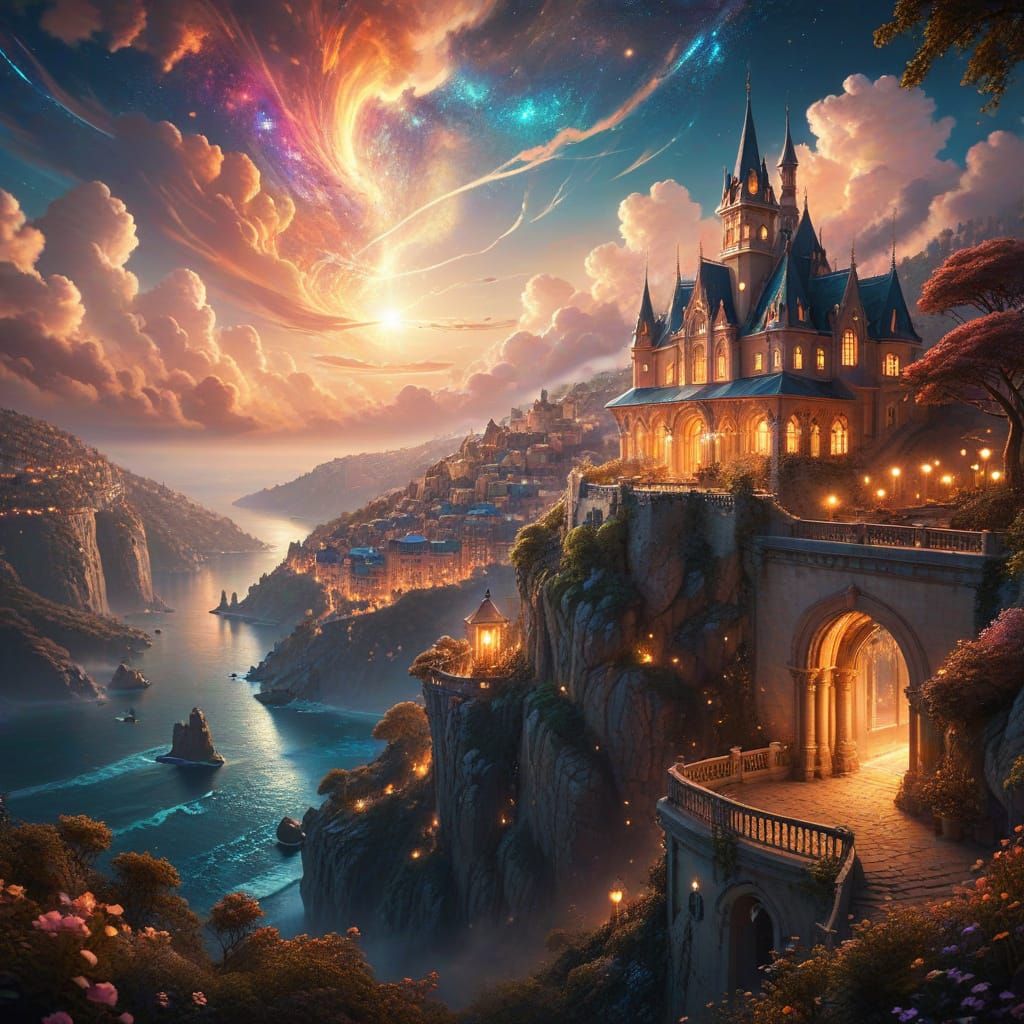 Galactic Princess Amidst Whimsical Cityscape