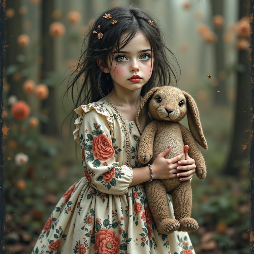 Sad Girl with Rabbit in Muted Color Portrait