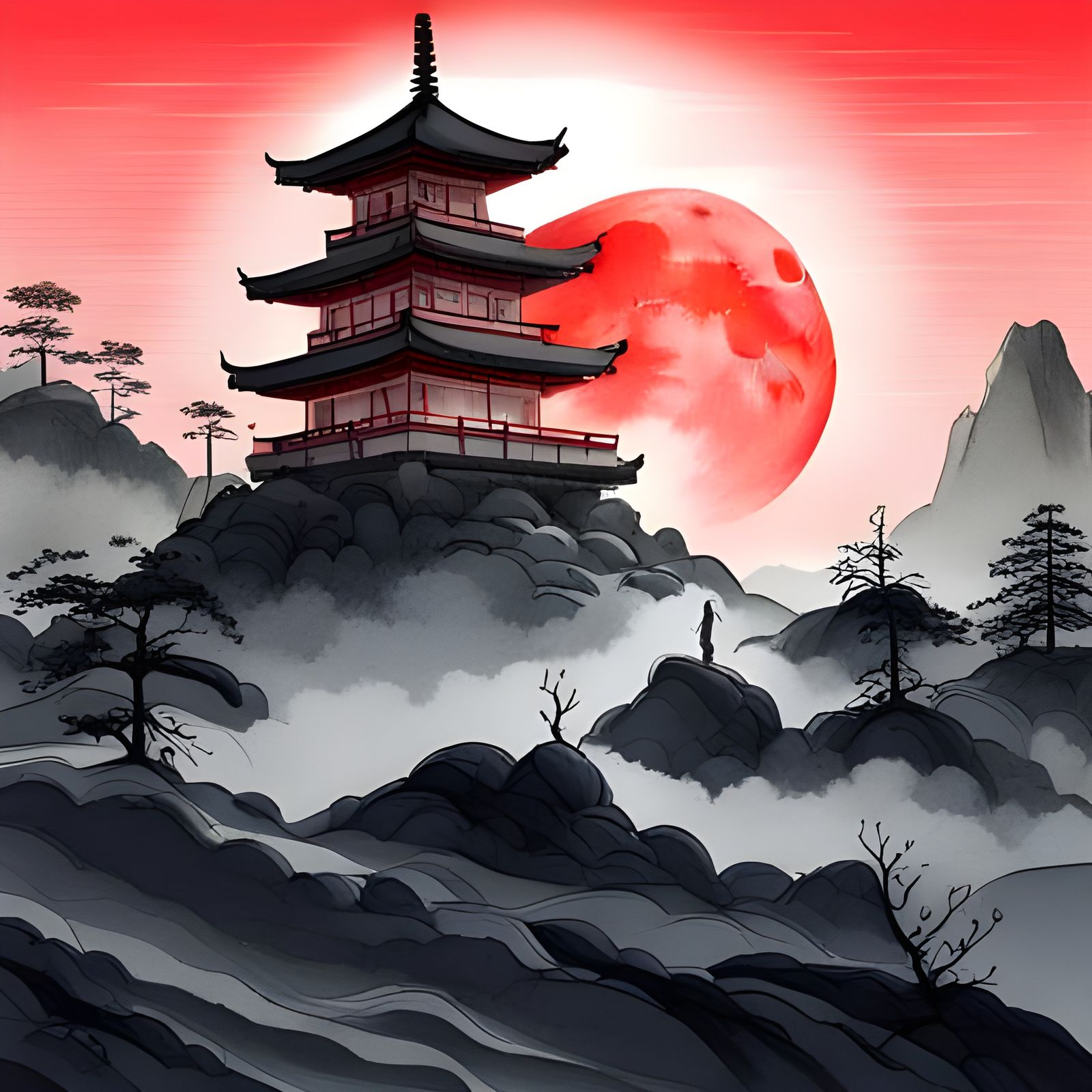 Glowing Shrine Under Red Moon: Ink Painting