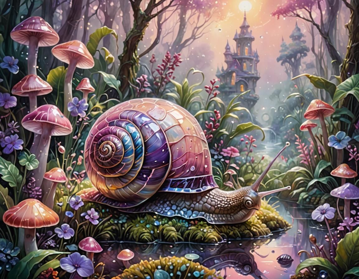 Translucent Glass Snail in Ethereal Tropical Scene