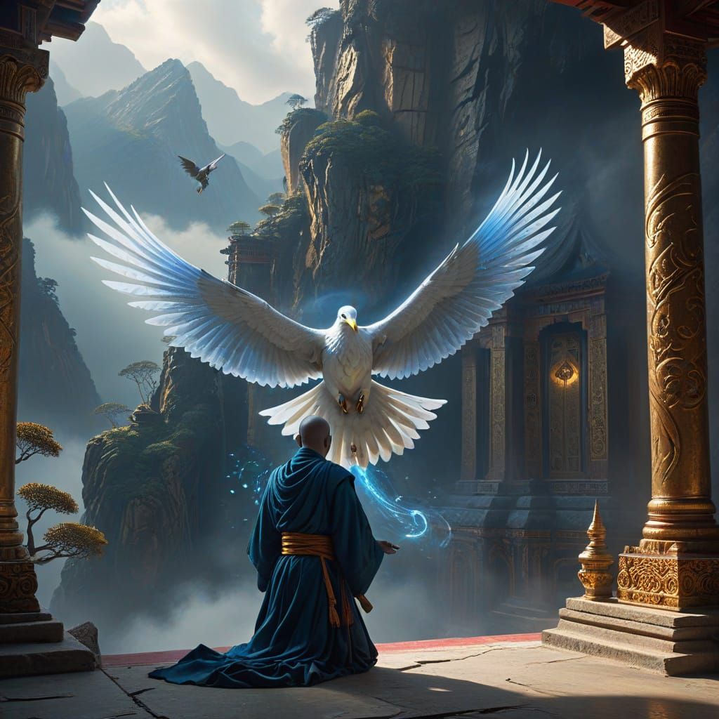 Sacred Ghost Bird Over Monk in Tibetan Temple