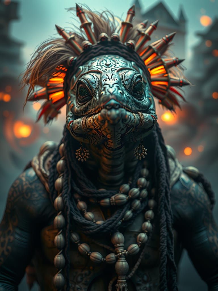 Mystical Turtle Humanoid in Neo-Primitivism Style