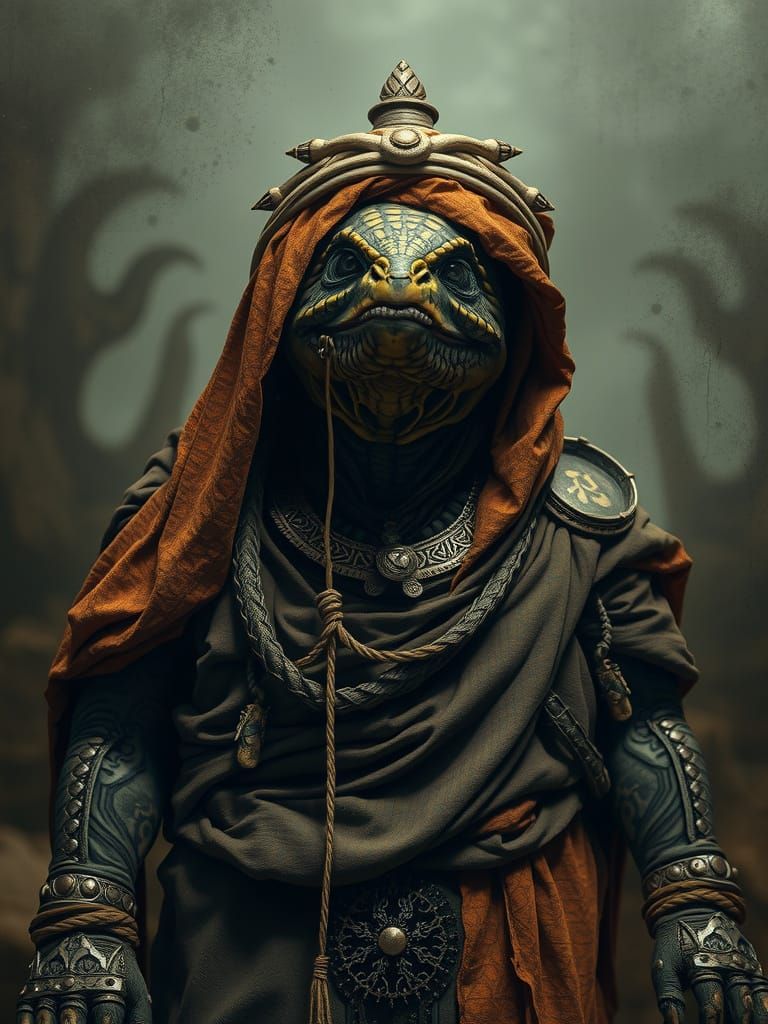 Mystical Turtle Humanoid in Neo-Primitivism Style