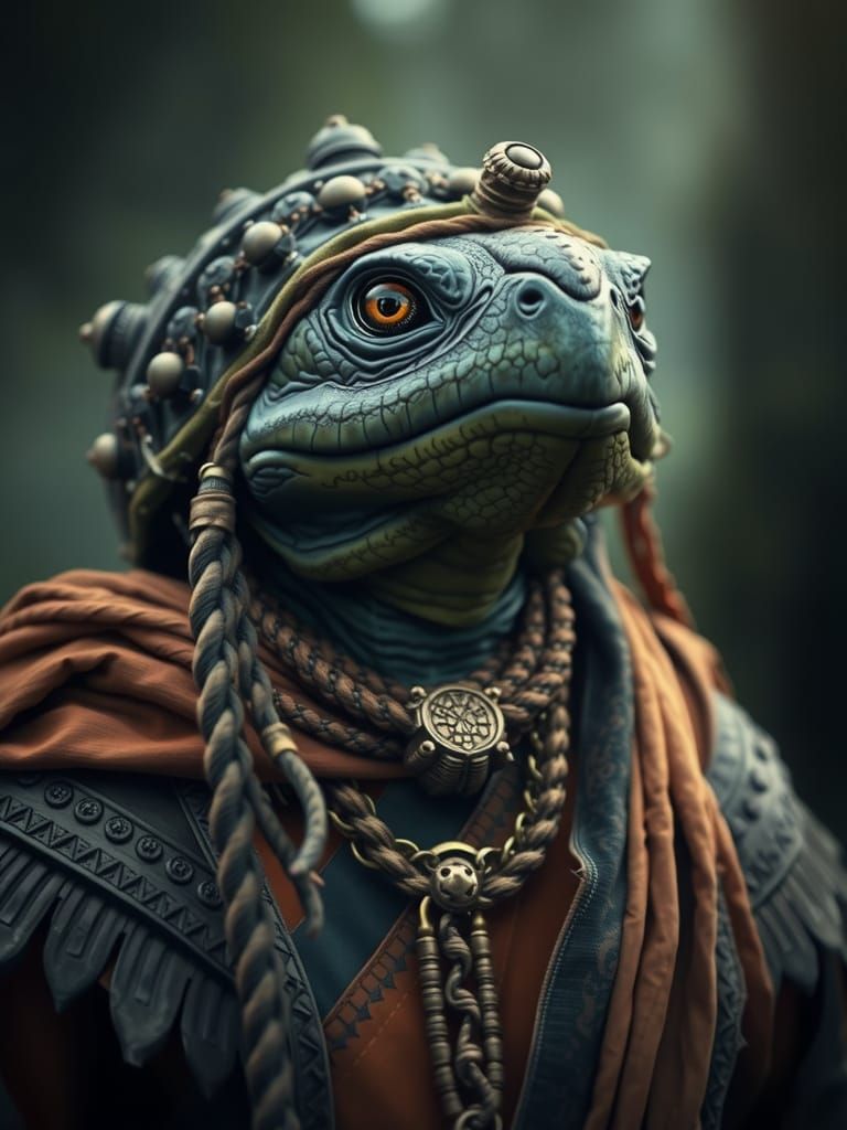 Mystical Turtle Humanoid in Neo-Primitivism Style