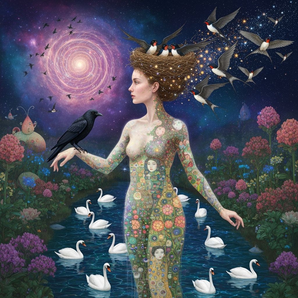 Ethereal Woman Transforms into Birds Amidst Cosmic Energy