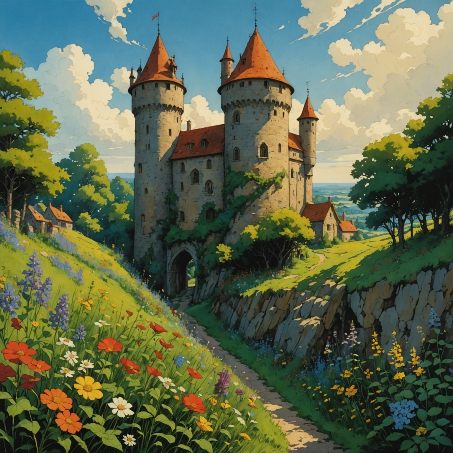 Fantasy Medieval Tower in Colorful Chiaroscuro Style