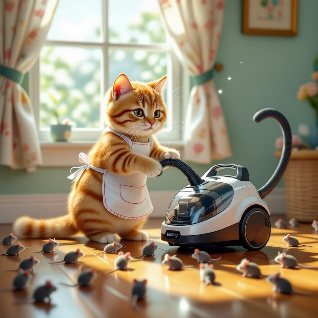 Cute Cat Vacuums Mice in Dreamy Whimsical Style