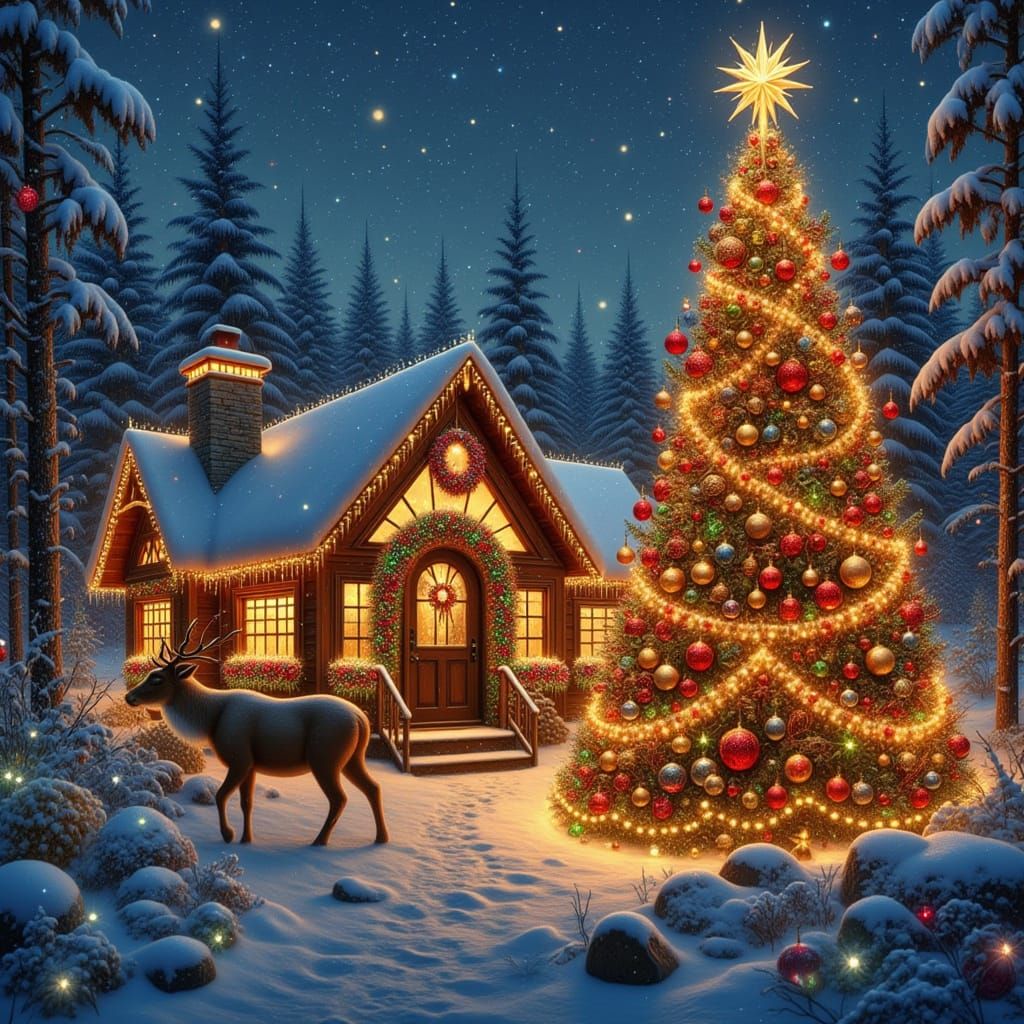 Country cabin adorned with brilliant golden Christmas lights...