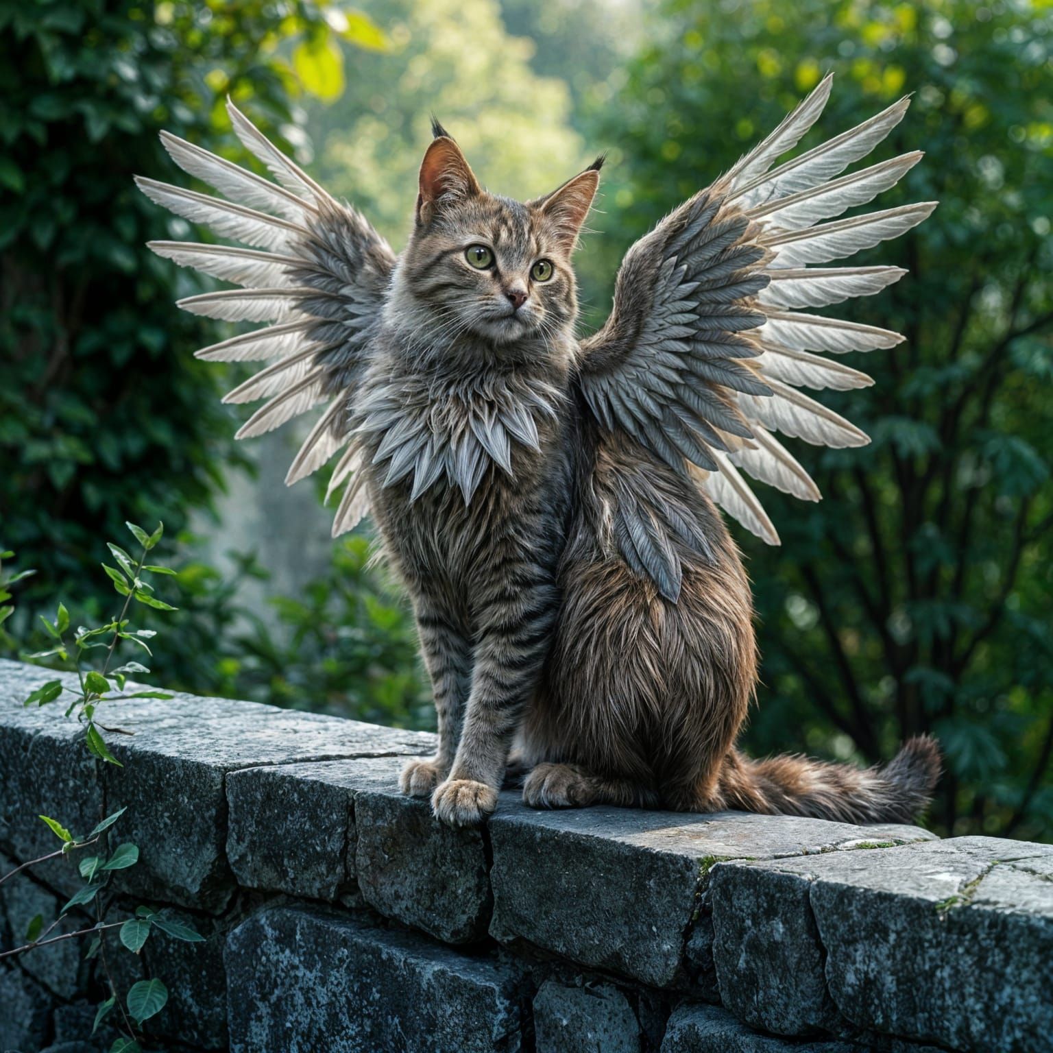 Winged Cat on Stone Wall in Photorealistic Style