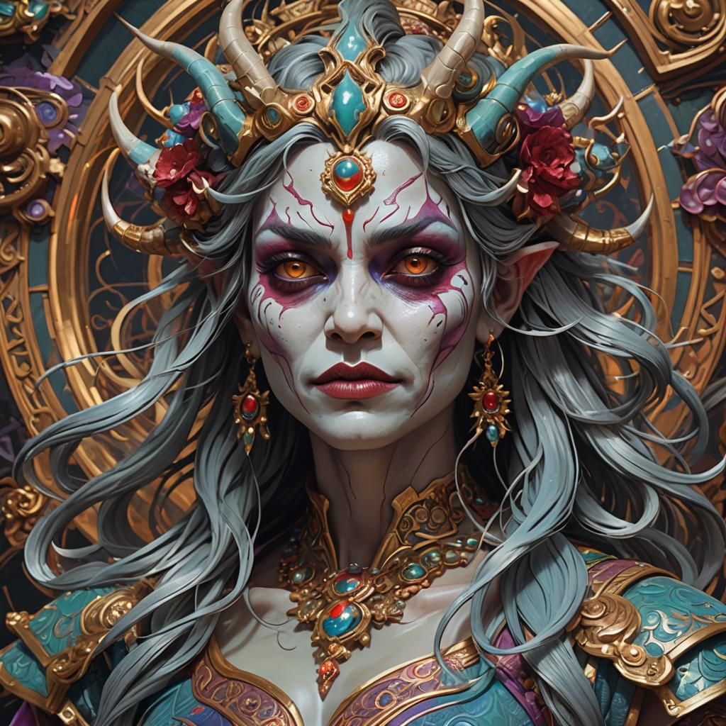 Demonic Porcelain Figure Portrait in Hyperdetailed Style