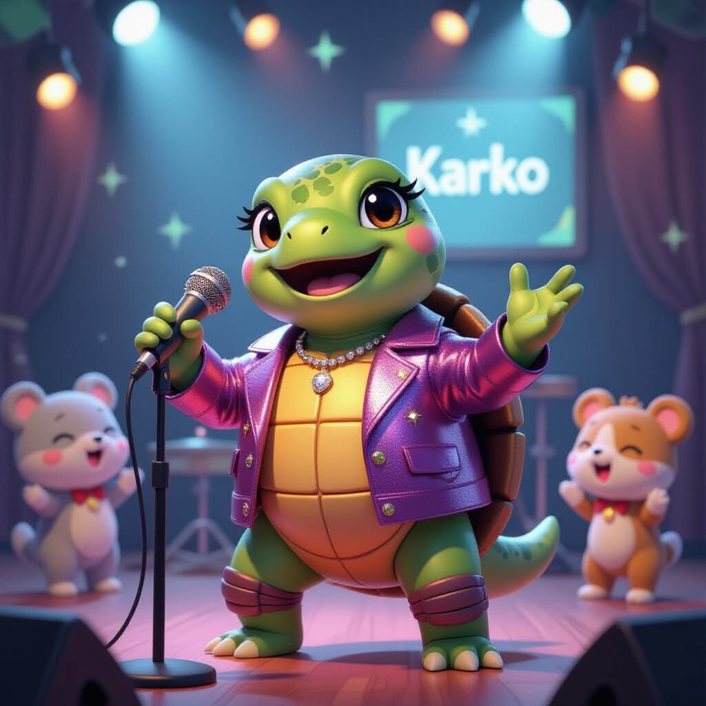 Turtle Singer on Karaoke Stage in Pop Art Style