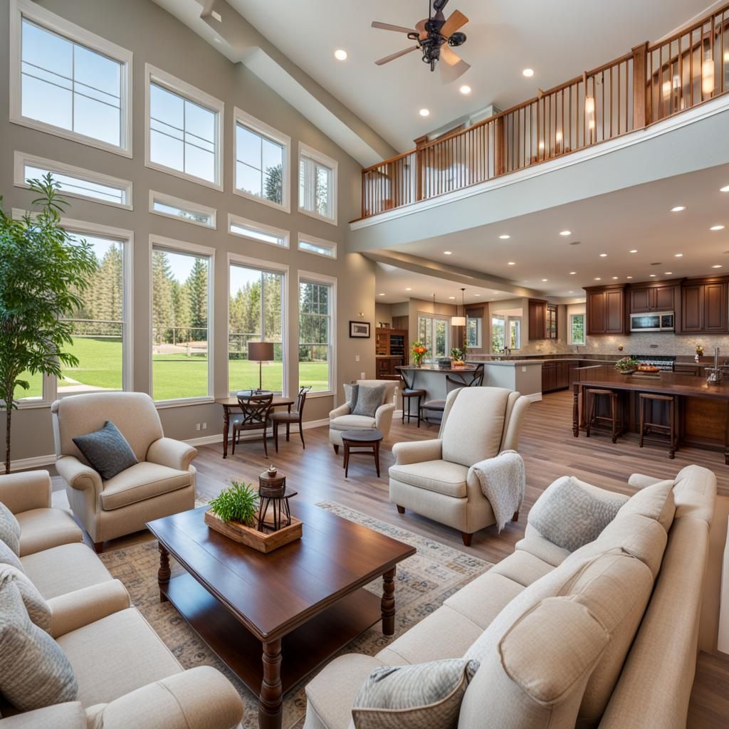 Spacious American Living Room Interior with Bokeh