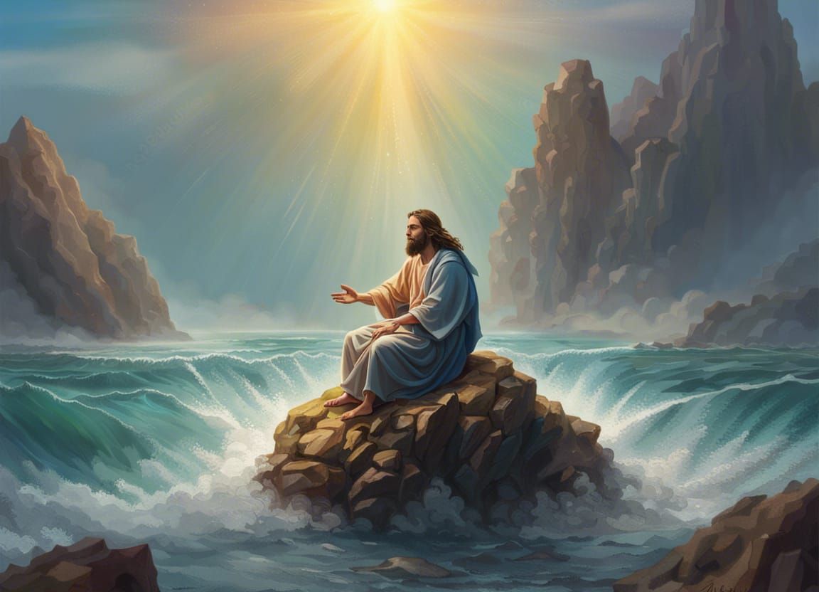 Hyperrealistic Jesus Meditating on Ocean Rock