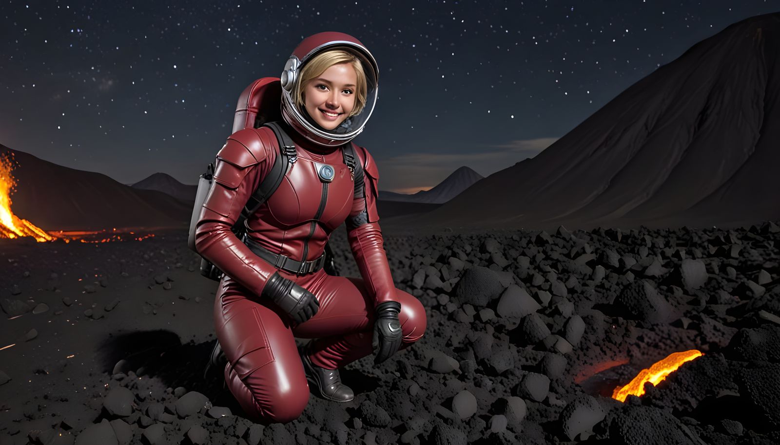 Astronaut Collects Lava Sample on Volcanic Planet