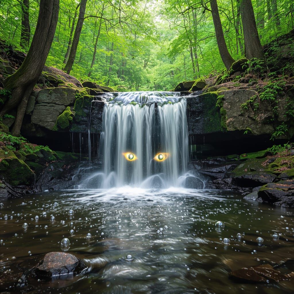 Glowing Eyes Behind a Woodland Waterfall