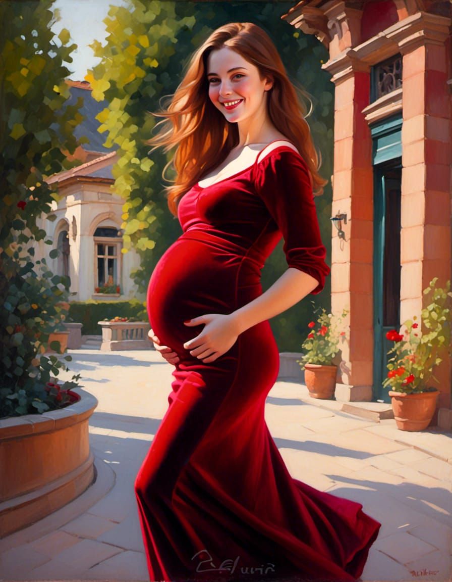 Joyful Pregnant Woman in Red Velvet Portrait