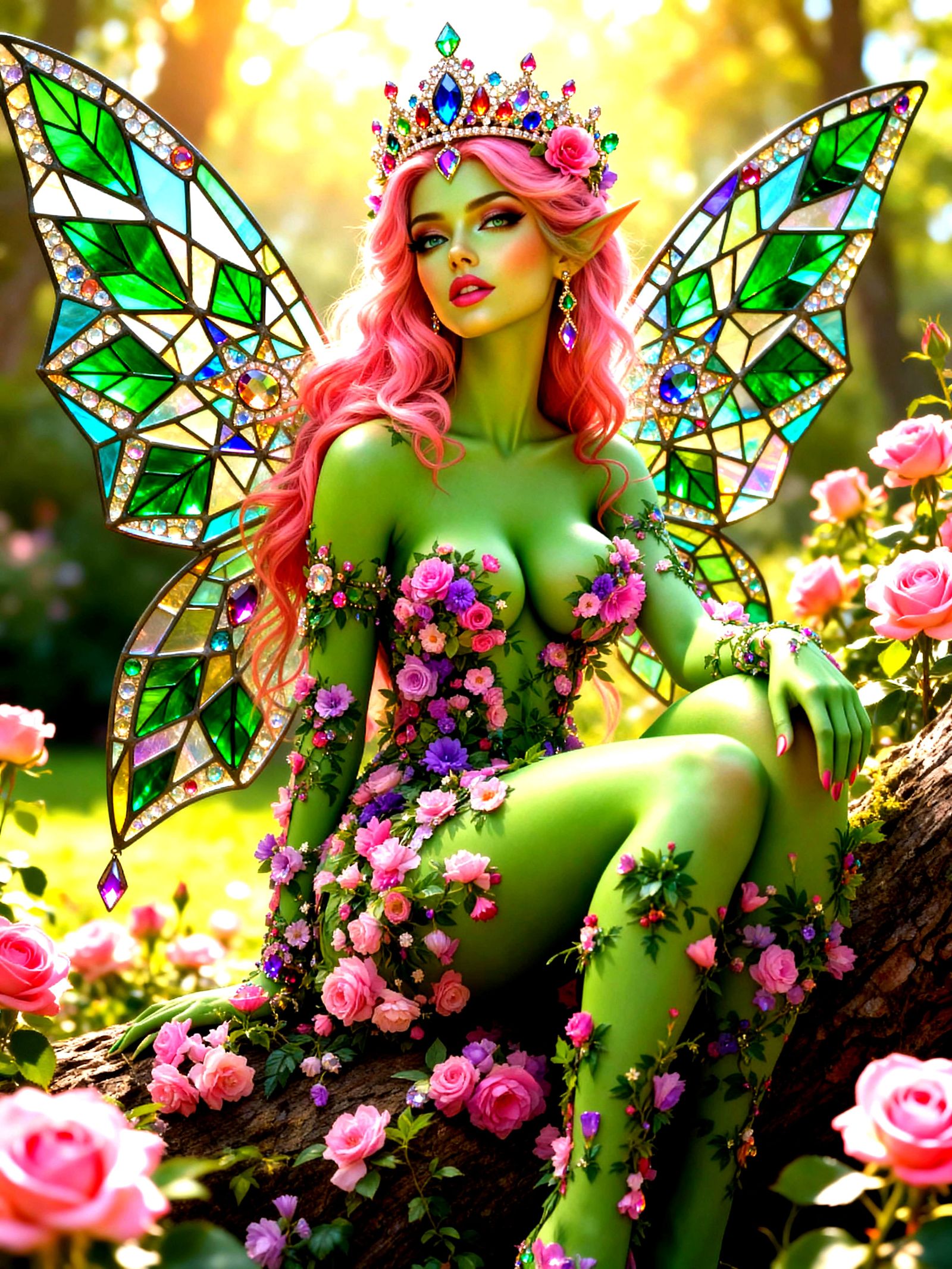 Regal Fae Queen With Floral And Jewel Accents