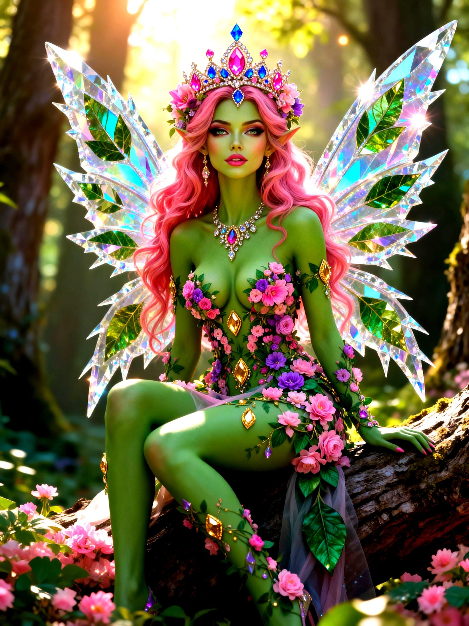 Regal Fae Queen With Floral And Jeweled Features