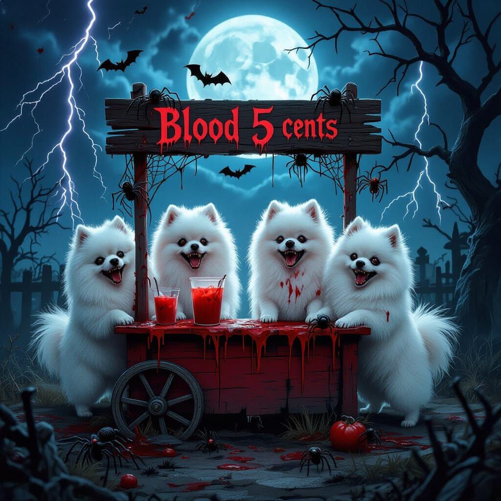 Zombie Pomeranians Host Slime Stand Under Moonlit Storm