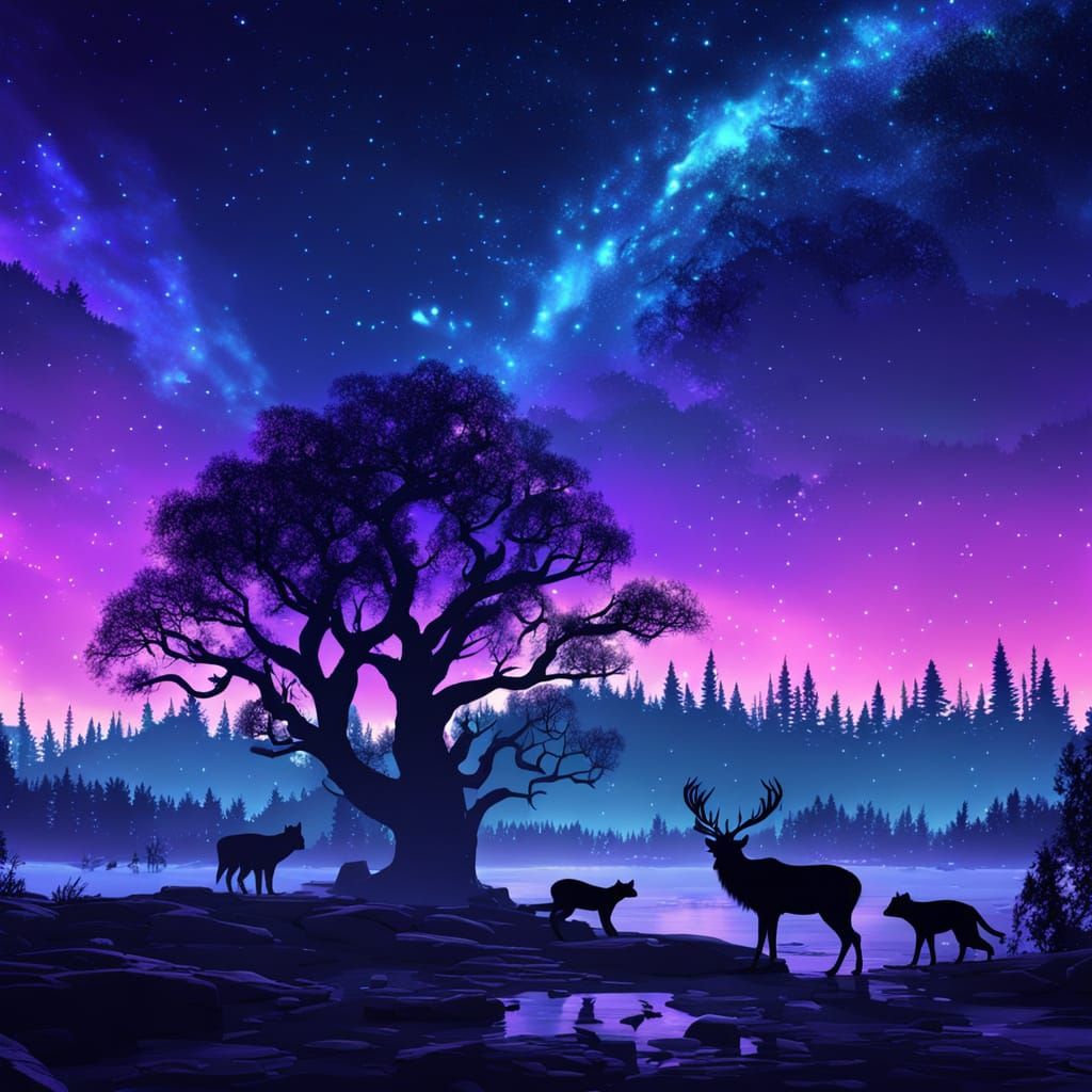 Glowing Night Sky with Silhouetted Animals