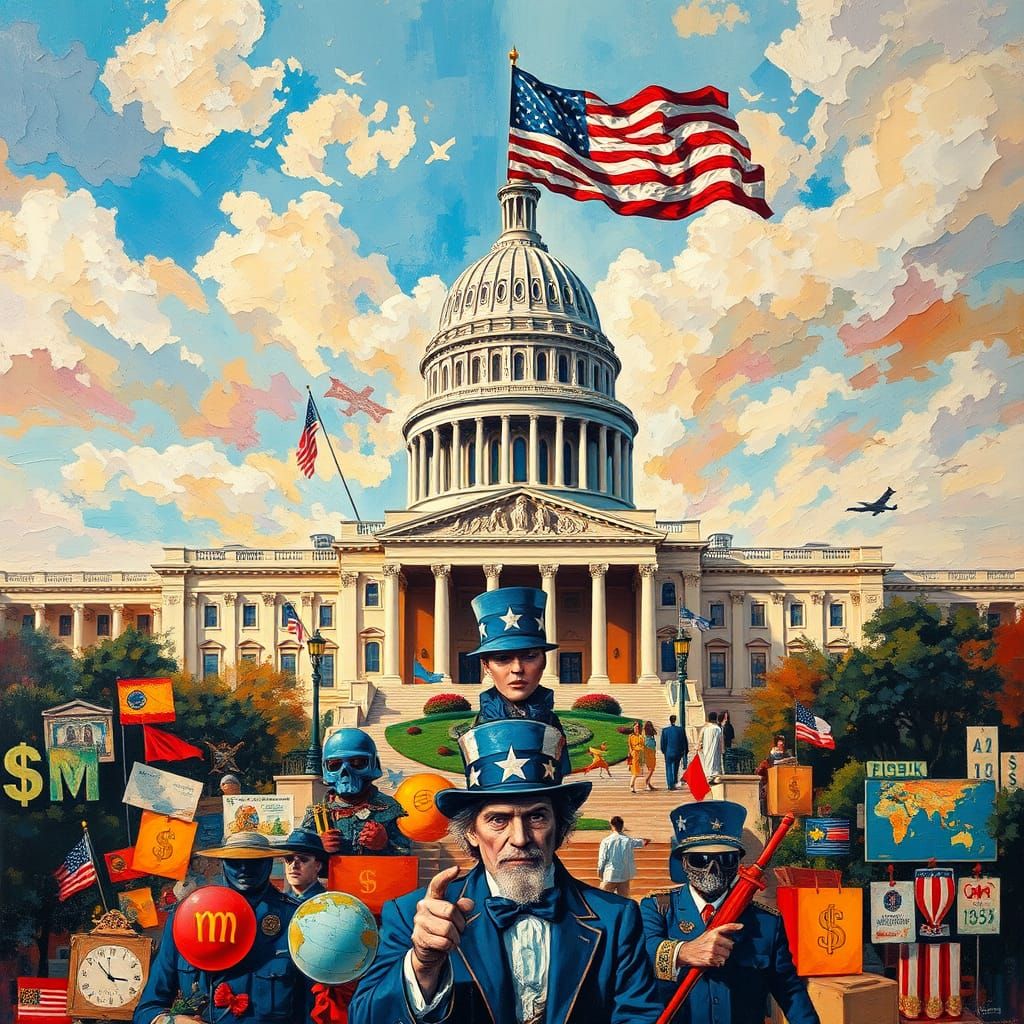 Neo-Expressionist Poster: Majestic Building with American Fl...