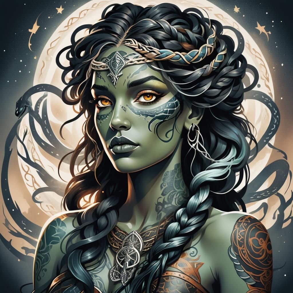 Medusa Nordic Goddess Vector Portrait in Hyperrealism