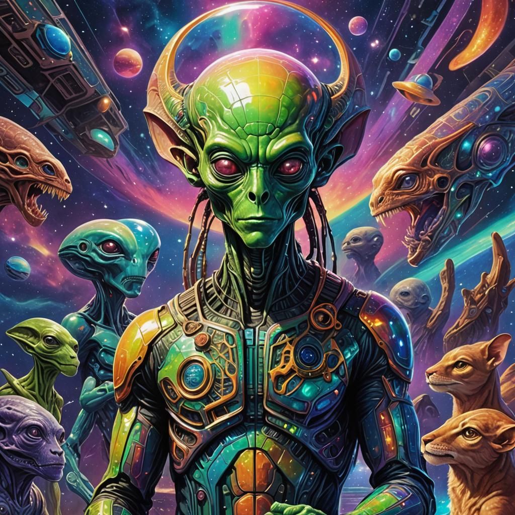 Alien Ambassador Inspects Human Pets: Cosmic Illustration