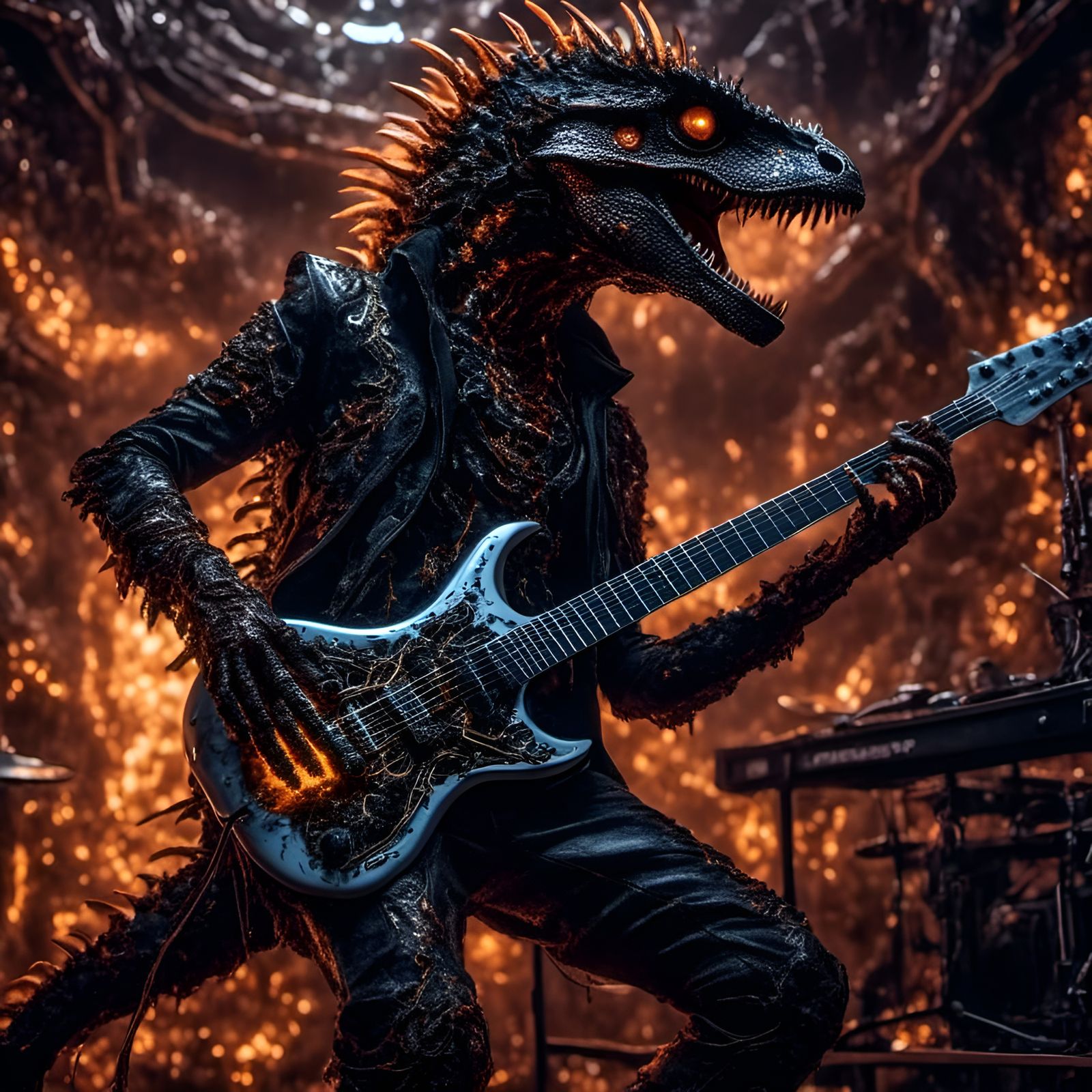 Punk Rock Raptor Guitarist: Hyperrealistic Digital Art