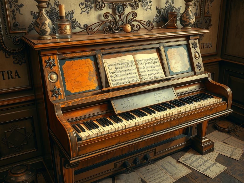 Warm Sepia Tone Piano on Vintage Sheet Music
