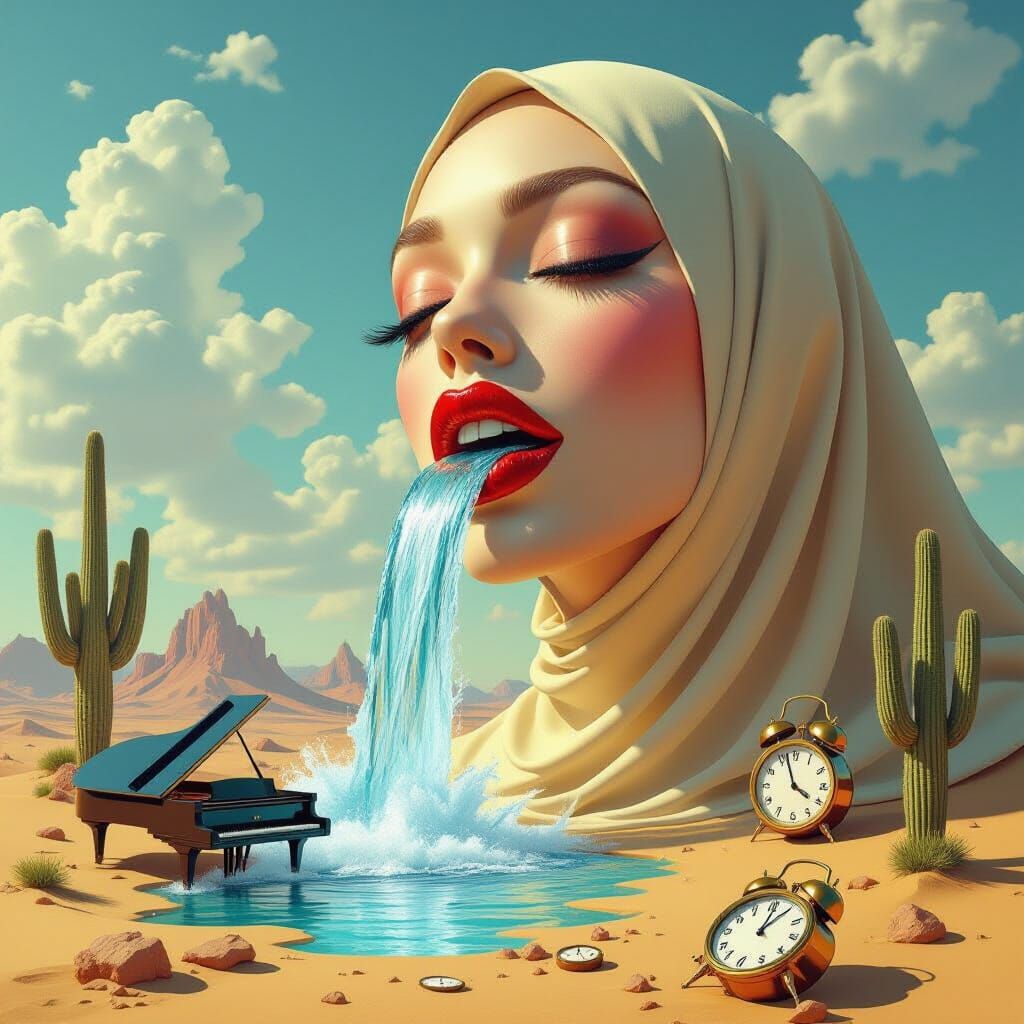 Surreal Desert Dreamscape with Giant Mouth Waterfall