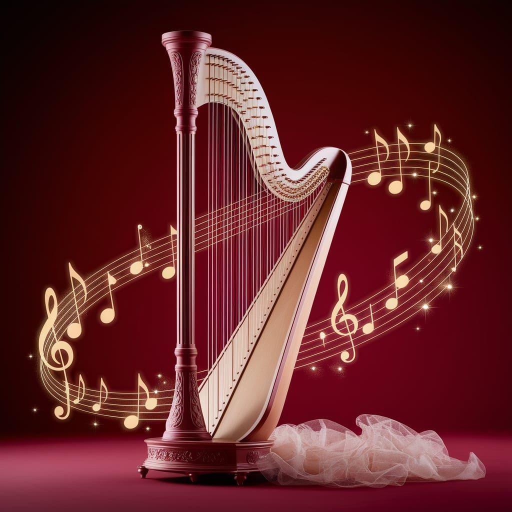 Elegant Harp Wrapped in Tulle with Golden Musical Notes