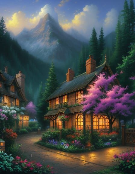 Thomas Kinkade Style Cottage with Glowing Windows