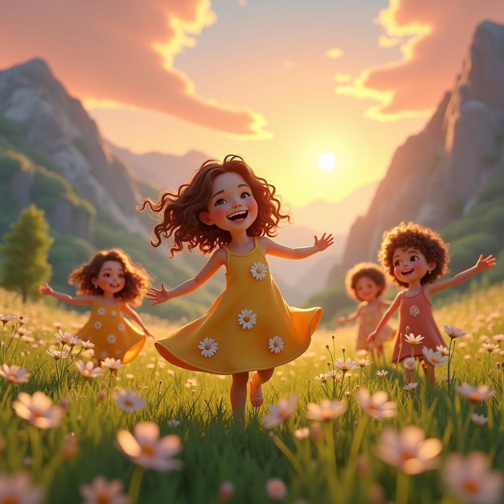 Children Playing in Flower Meadow, Fantasy Concept Art