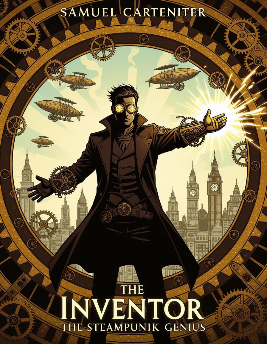Steampunk Inventor Comic Cover Art with Gears and Steam