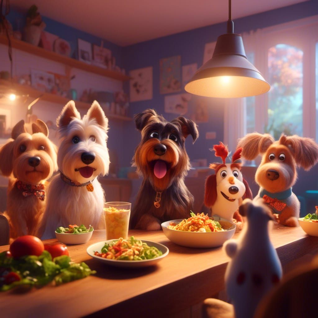 Dogs Eating Salad, 3D Render in Pixar Style