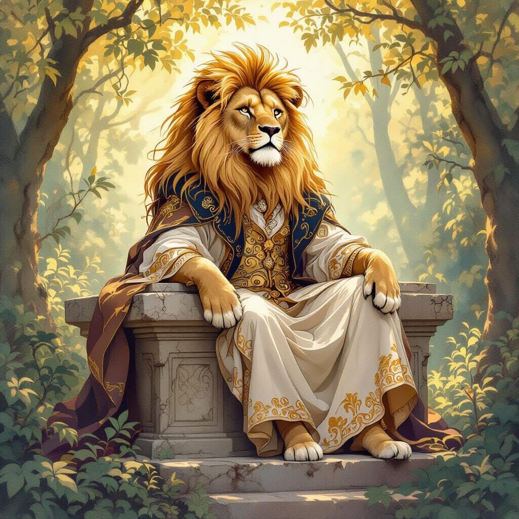 Elegant Lion in Art Nouveau Style in Forest