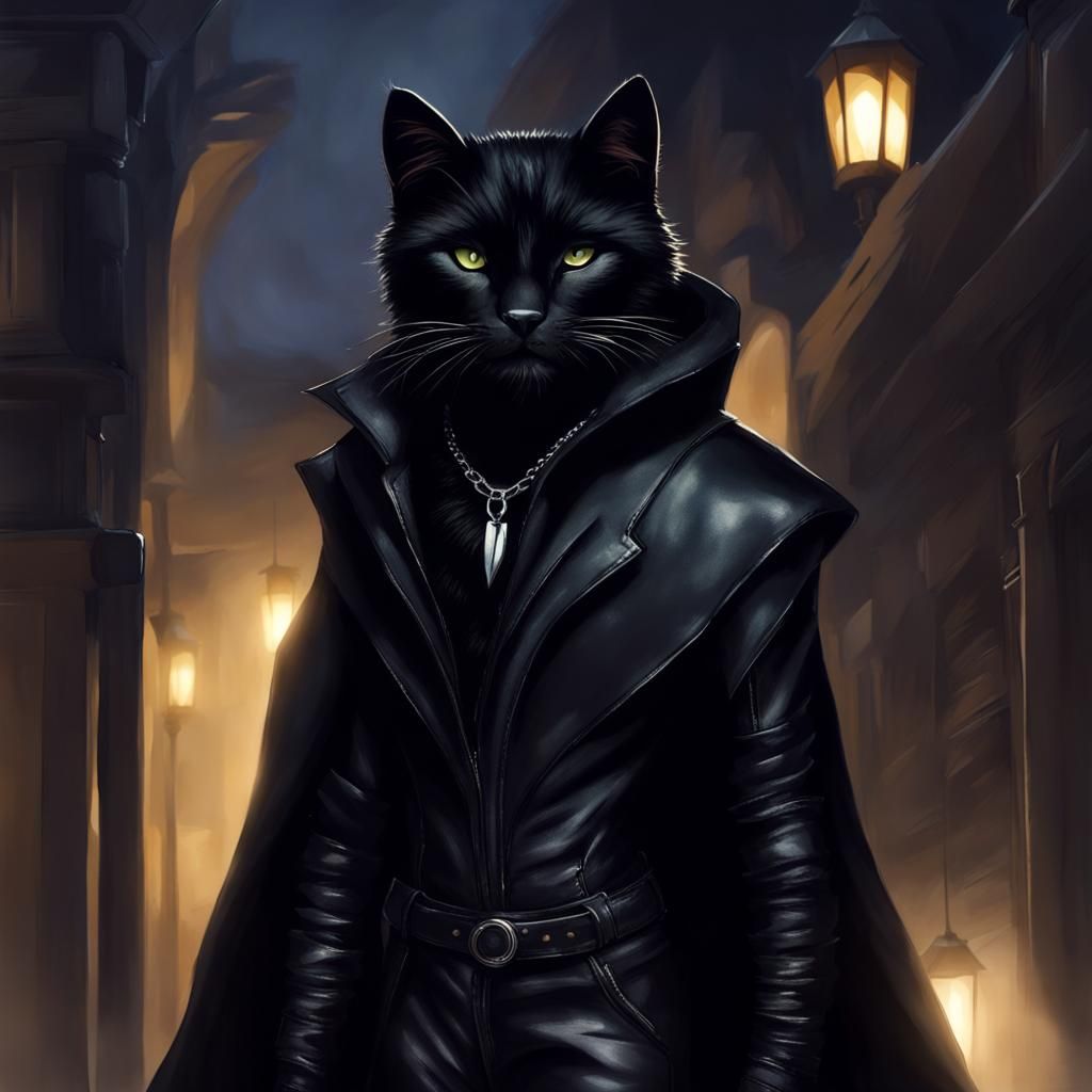 Anthro Black Feline in Leather Cloak at Night