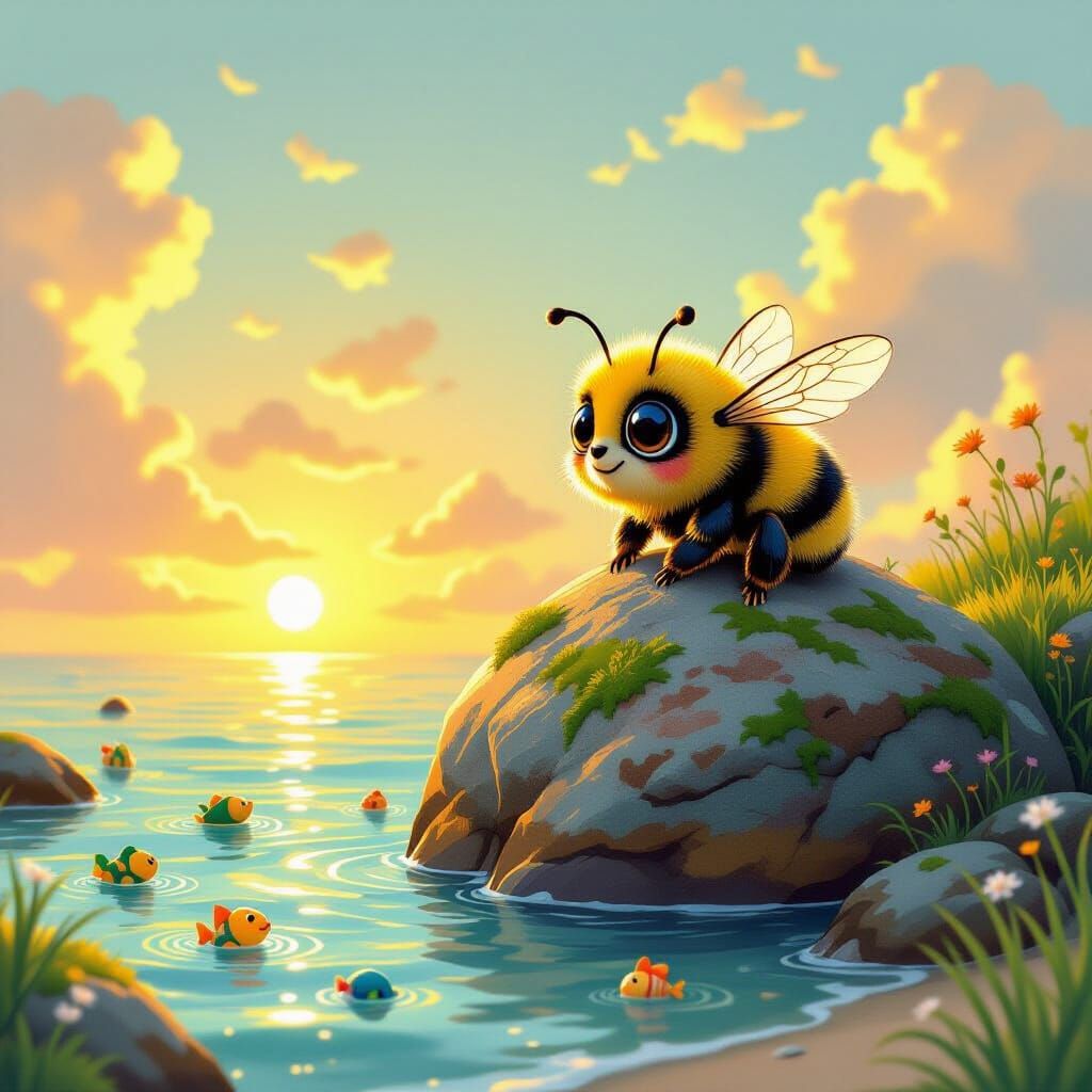 Cute Baby Bee at Sunset with Sea Creatures