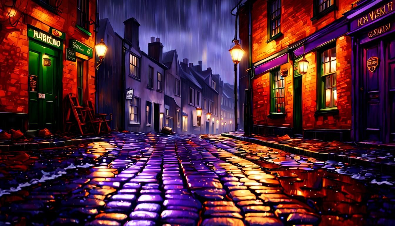 Rainy Cobblestone Street with Red Umbrella in Splash Art